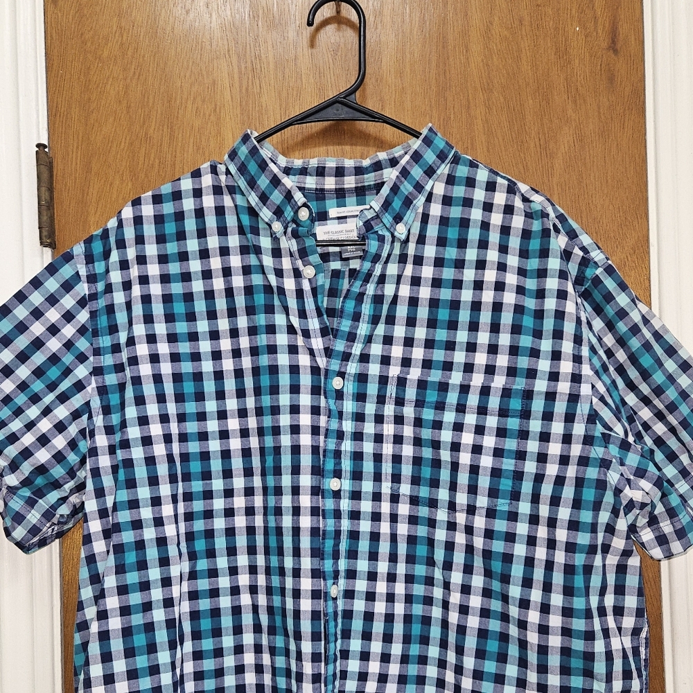 Old Navy Men's Teal and Navy Plaid Shirt